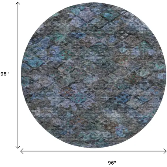 8' Teal And Charcoal Abstract Geometric Washable Round Rug With UV Protection Photo 9