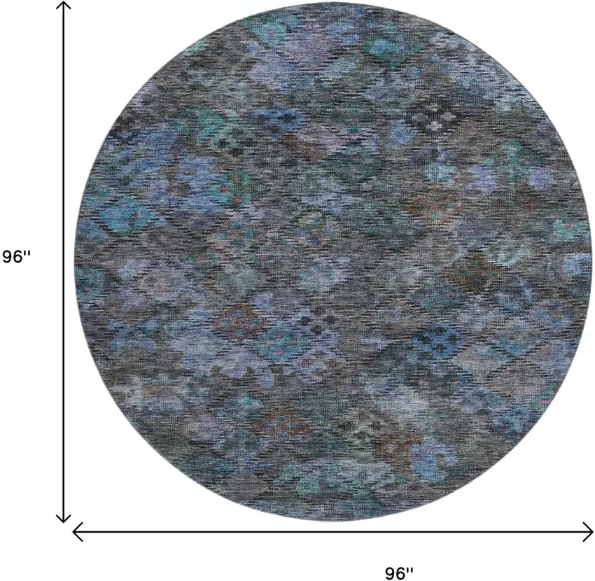 8' Teal And Charcoal Abstract Geometric Washable Round Rug With UV Protection Photo 9