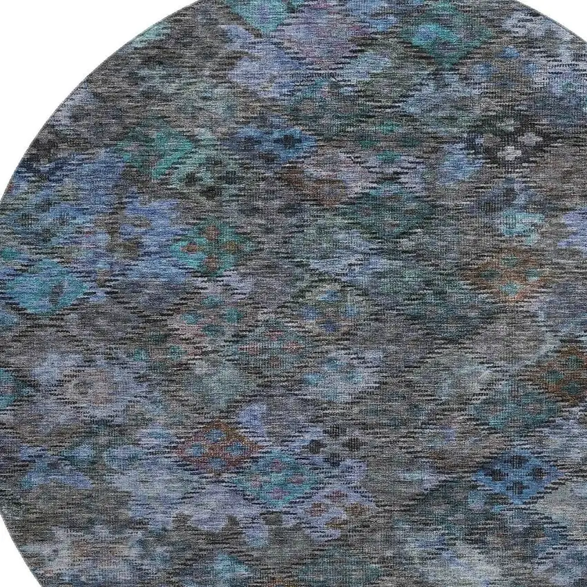 8' Teal And Charcoal Abstract Geometric Washable Round Rug With UV Protection Photo 2