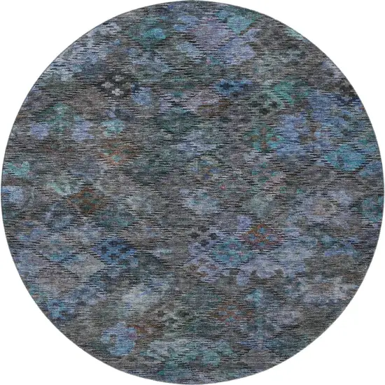 8' Teal And Charcoal Abstract Geometric Washable Round Rug With UV Protection Photo 3