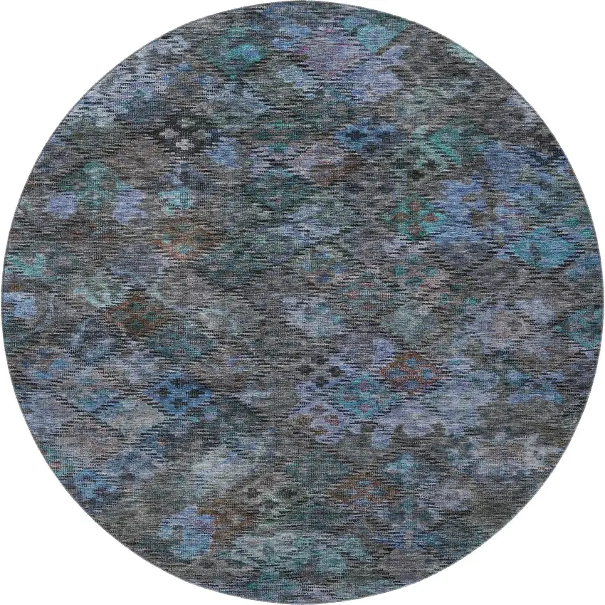8' Teal And Charcoal Abstract Geometric Washable Round Rug With UV Protection Photo 3