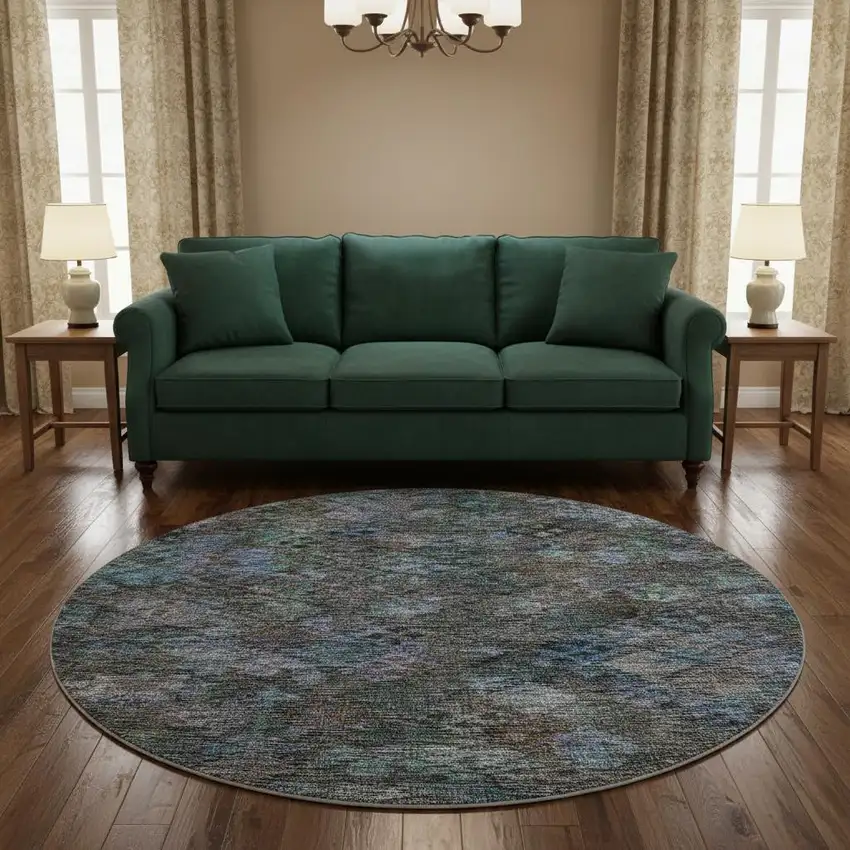 8' Teal And Charcoal Abstract Geometric Washable Round Rug With UV Protection Photo 2