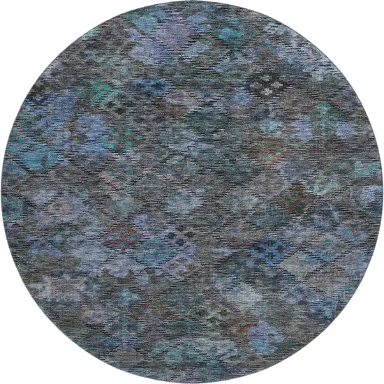 8' Teal And Charcoal Abstract Geometric Washable Round Rug With UV Protection Photo 1