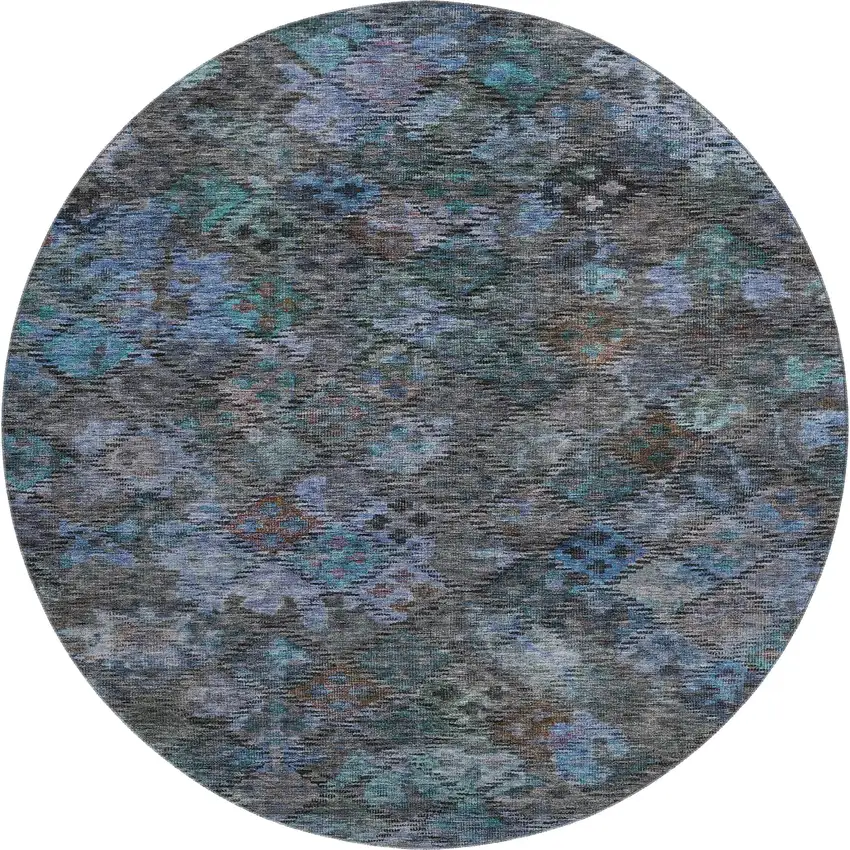 8' Teal And Charcoal Abstract Geometric Washable Round Rug With UV Protection Photo 1