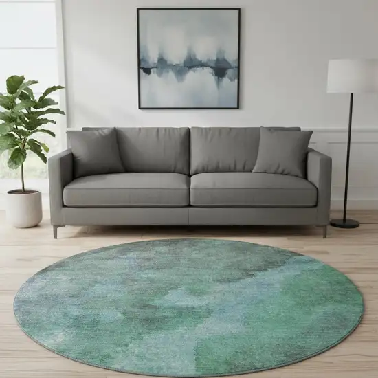 8' Teal And Charcoal Abstract Washable Round Rug With UV Protection Photo 2