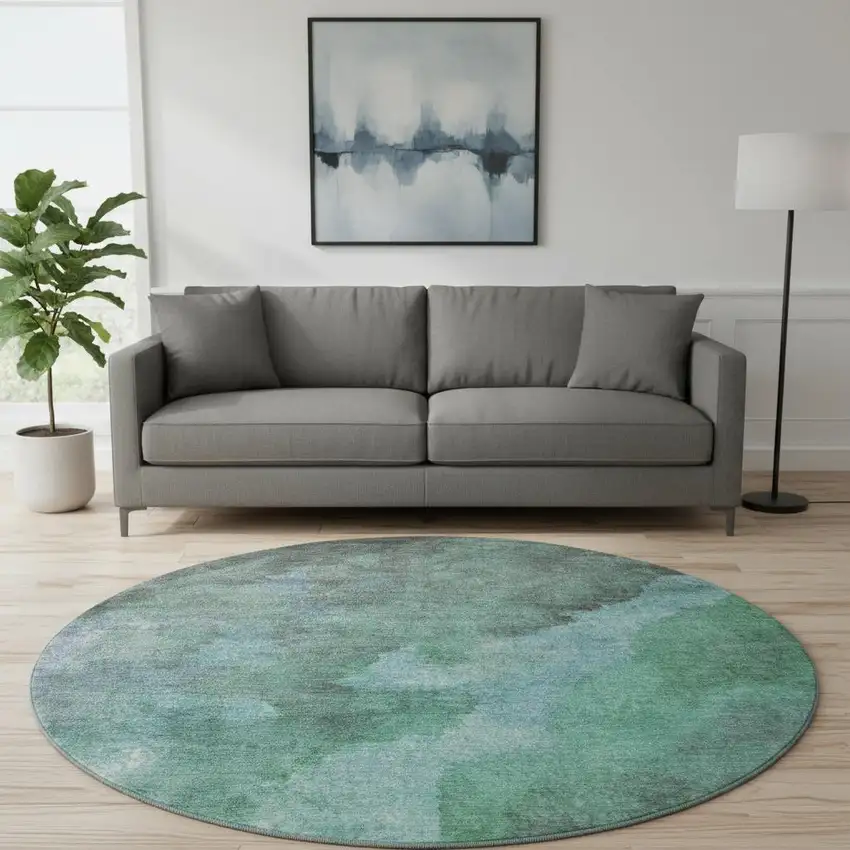 8' Teal And Charcoal Abstract Washable Round Rug With UV Protection Photo 2