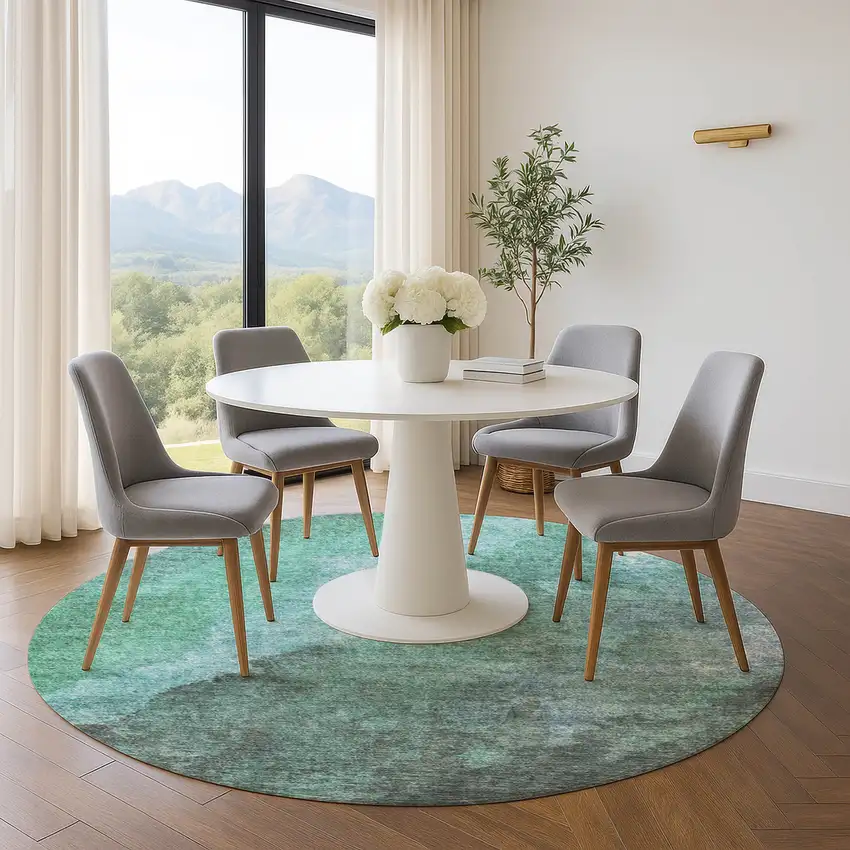 8' Teal And Charcoal Abstract Washable Round Rug With UV Protection Photo 5