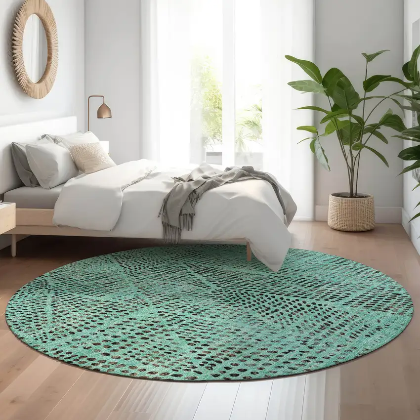 8' Teal And Charcoal Diamond Washable Round Rug With UV Protection Photo 4