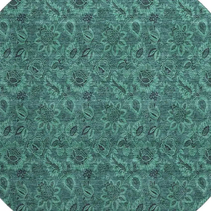 8' Teal And Charcoal Floral Washable Round Rug With UV Protection Photo 4