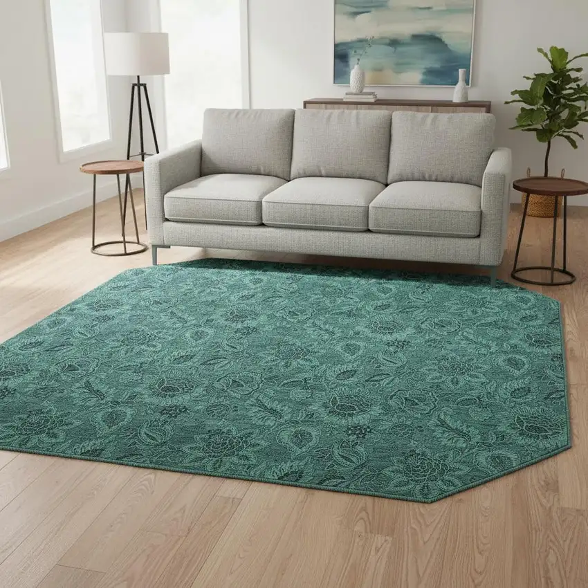 8' Teal And Charcoal Floral Washable Round Rug With UV Protection Photo 2