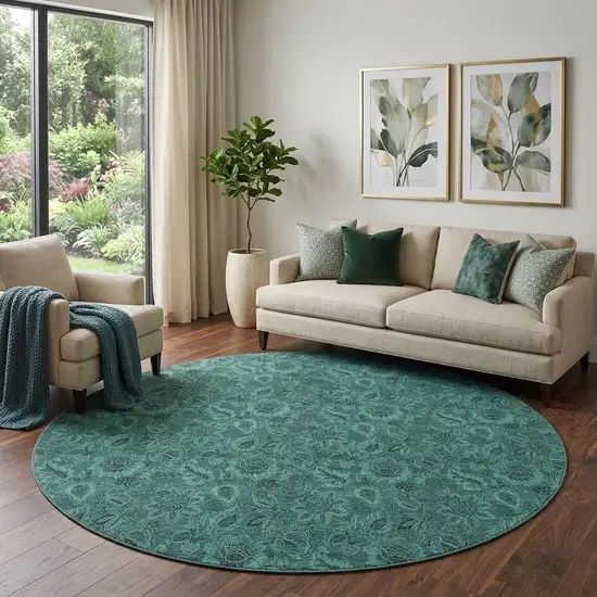 8' Teal And Charcoal Floral Washable Round Rug With UV Protection Photo 1