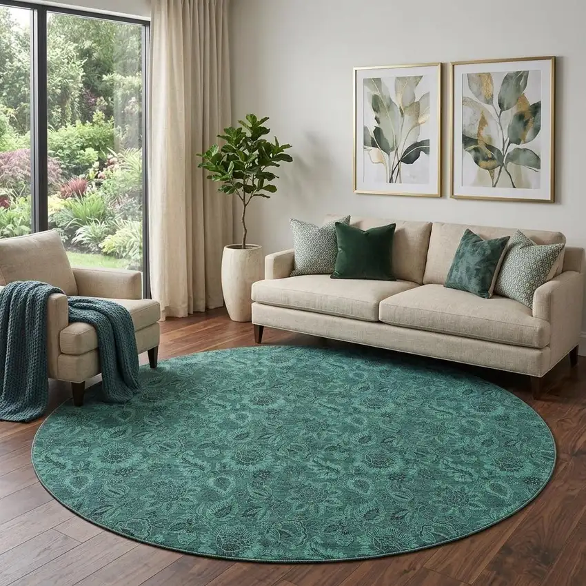 8' Teal And Charcoal Floral Washable Round Rug With UV Protection Photo 1