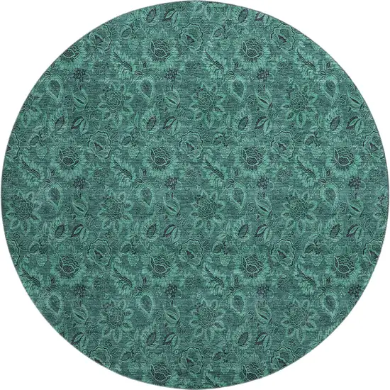 8' Teal And Charcoal Floral Washable Round Rug With UV Protection Photo 1