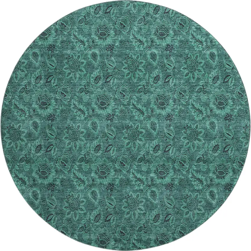 8' Teal And Charcoal Floral Washable Round Rug With UV Protection Photo 1