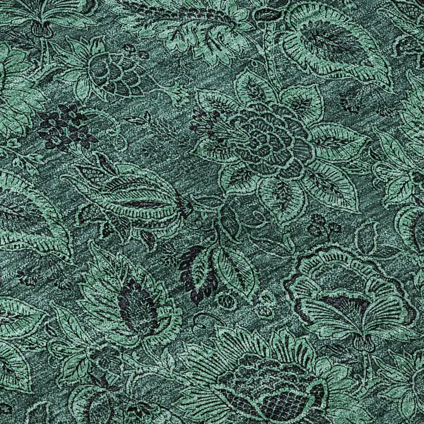8' Teal And Charcoal Floral Washable Round Rug With UV Protection Photo 9