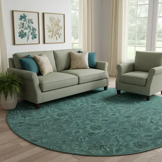 8' Teal And Charcoal Floral Washable Round Rug With UV Protection Photo 1