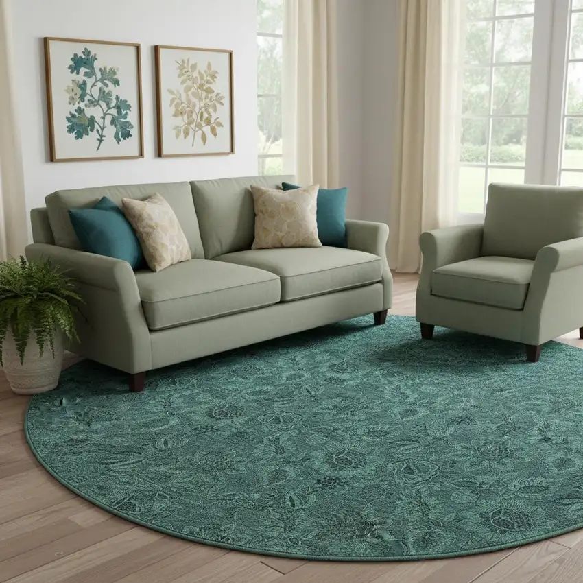 8' Teal And Charcoal Floral Washable Round Rug With UV Protection Photo 1
