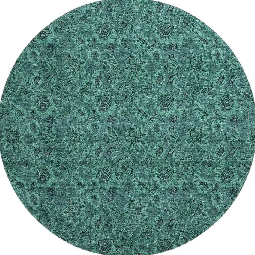 8' Teal And Charcoal Floral Washable Round Rug With UV Protection Photo 3