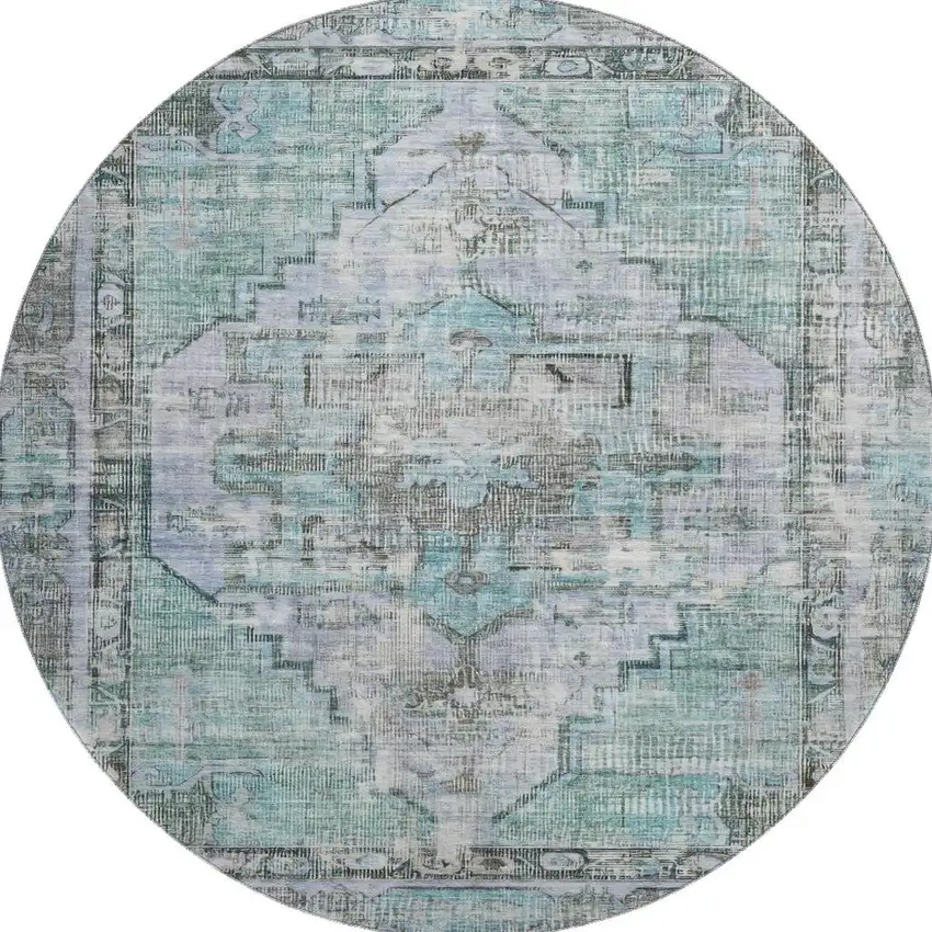 8' Teal And Charcoal Oriental Washable Round Rug With UV Protection Photo 3