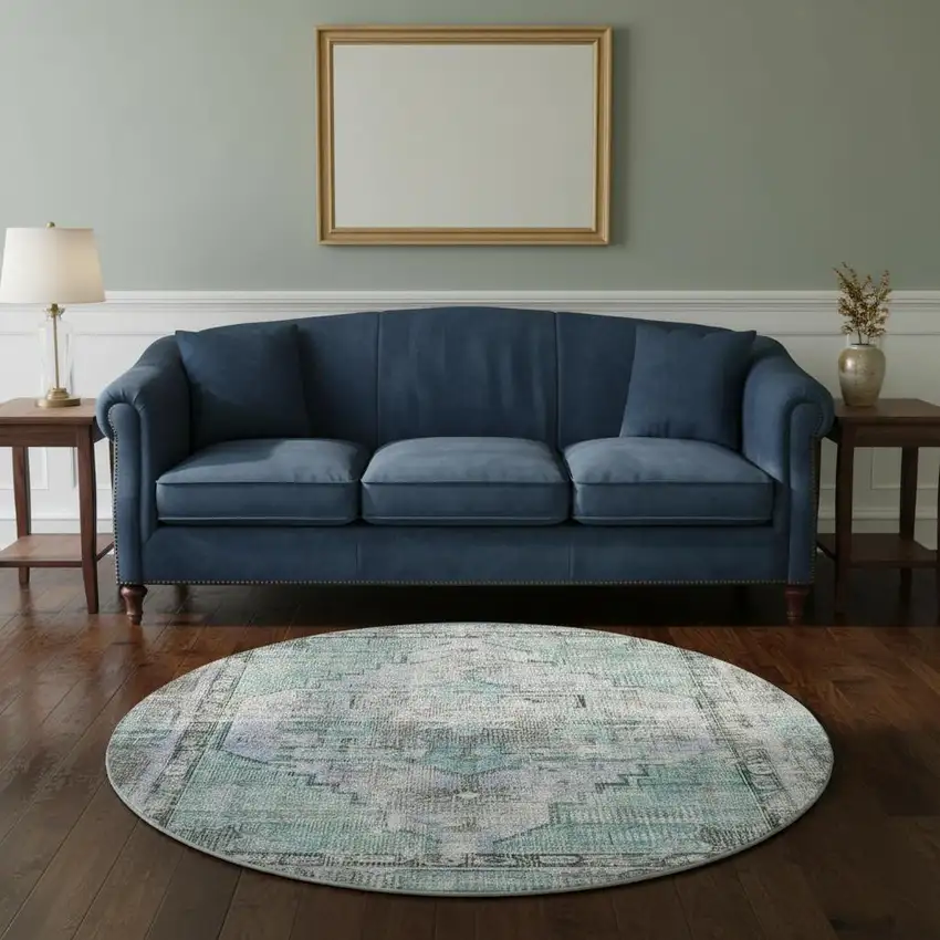 8' Teal And Charcoal Oriental Washable Round Rug With UV Protection Photo 2