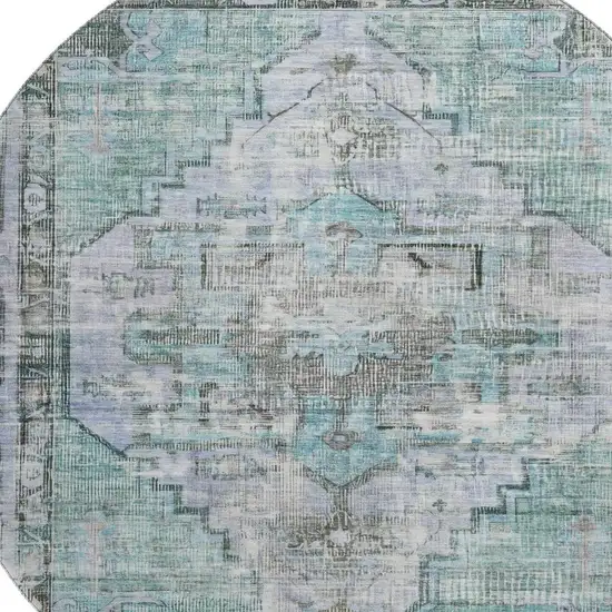 8' Teal And Charcoal Oriental Washable Round Rug With UV Protection Photo 2