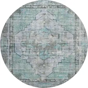 Photo of 8' Teal And Charcoal Oriental Washable Round Rug With UV Protection