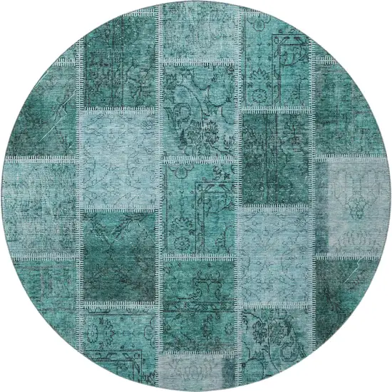 8' Teal And Charcoal Patchwork Washable Round Rug With UV Protection Photo 4