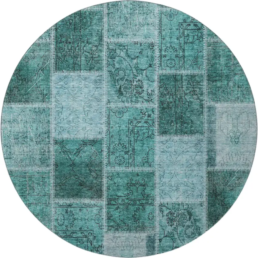 8' Teal And Charcoal Patchwork Washable Round Rug With UV Protection Photo 4