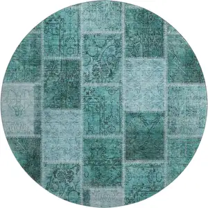 Photo of 8' Teal And Charcoal Patchwork Washable Round Rug With UV Protection
