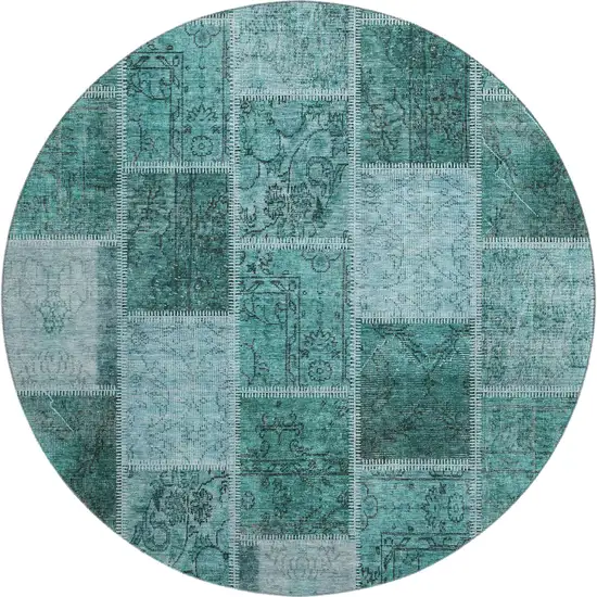 8' Teal And Charcoal Patchwork Washable Round Rug With UV Protection Photo 1