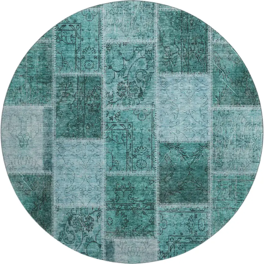 8' Teal And Charcoal Patchwork Washable Round Rug With UV Protection Photo 1