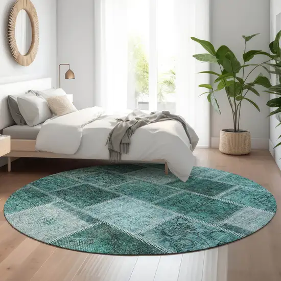 8' Teal And Charcoal Patchwork Washable Round Rug With UV Protection Photo 5