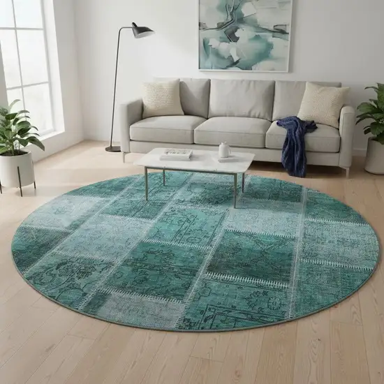 8' Teal And Charcoal Patchwork Washable Round Rug With UV Protection Photo 2