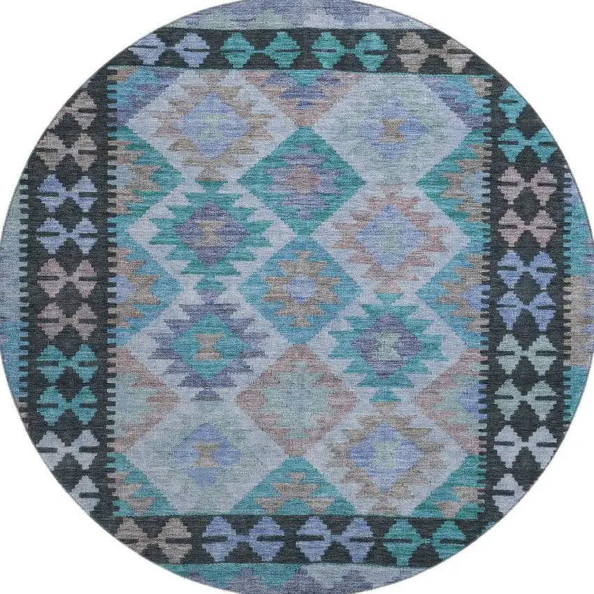 8' Teal And Charcoal Tribal Washable Round Rug With UV Protection Photo 4