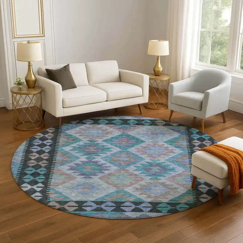 8' Teal And Charcoal Tribal Washable Round Rug With UV Protection Photo 5