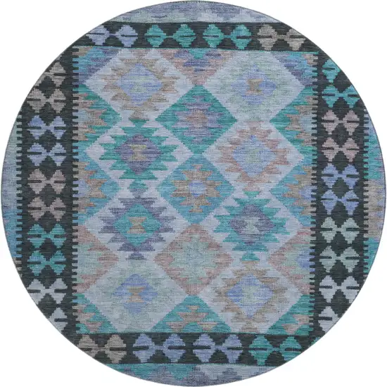 8' Teal And Charcoal Tribal Washable Round Rug With UV Protection Photo 1