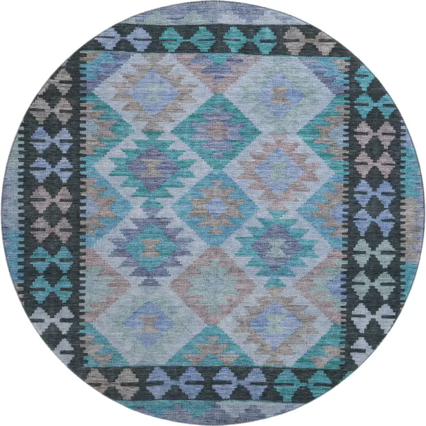 8' Teal And Charcoal Tribal Washable Round Rug With UV Protection Photo 1