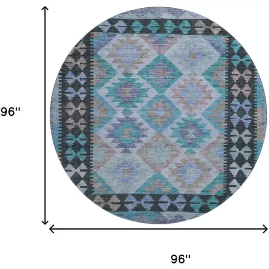 8' Teal And Charcoal Tribal Washable Round Rug With UV Protection Photo 9
