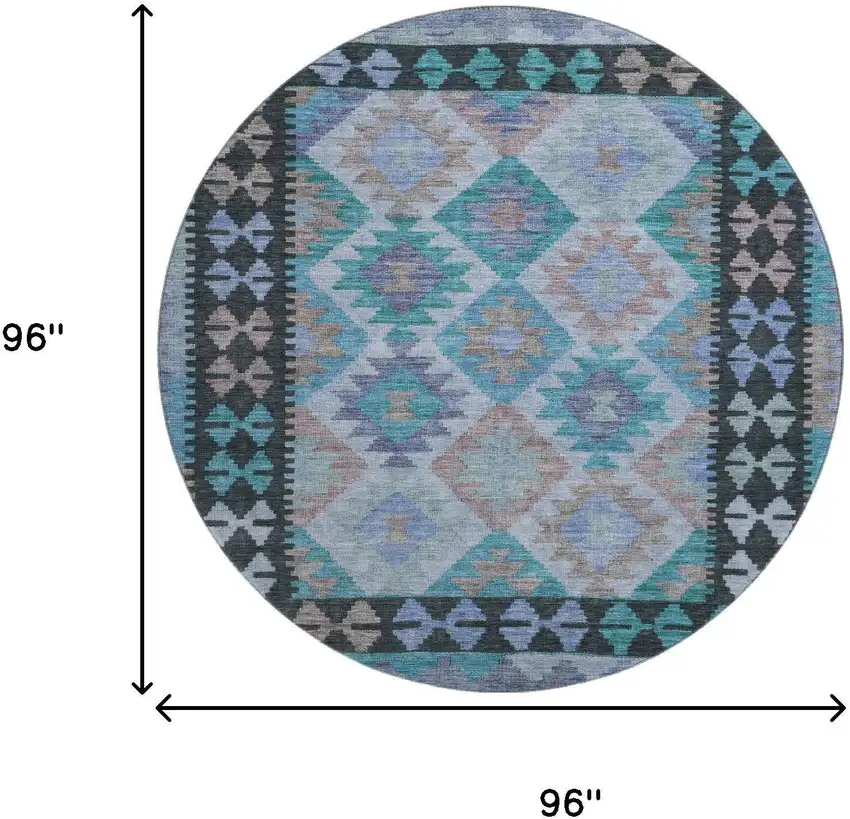 8' Teal And Charcoal Tribal Washable Round Rug With UV Protection Photo 9
