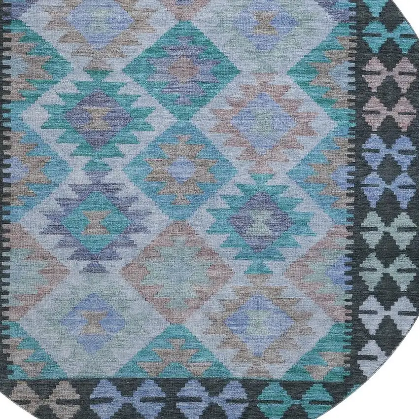 8' Teal And Charcoal Tribal Washable Round Rug With UV Protection Photo 3