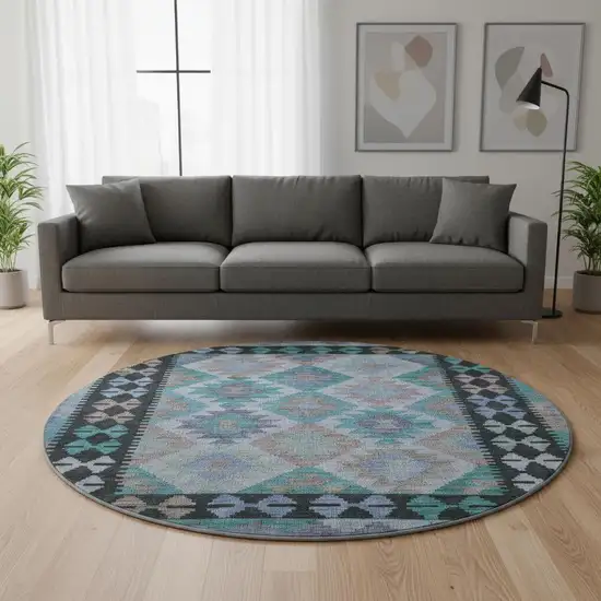 8' Teal And Charcoal Tribal Washable Round Rug With UV Protection Photo 2