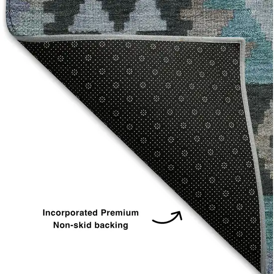 8' Teal And Charcoal Tribal Washable Round Rug With UV Protection Photo 6