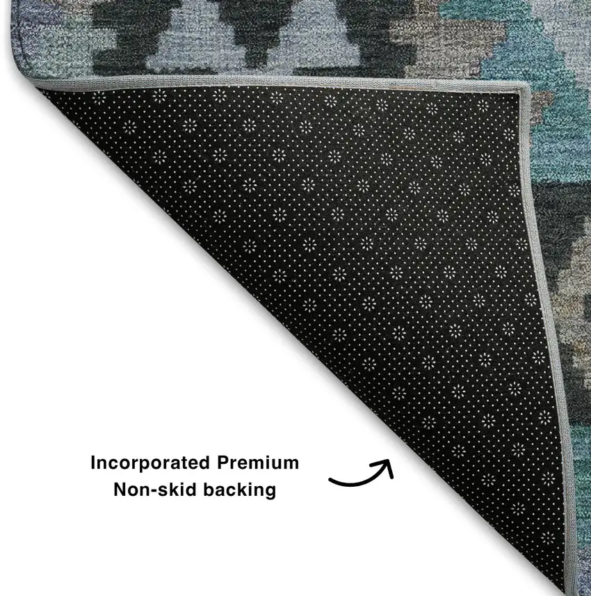 8' Teal And Charcoal Tribal Washable Round Rug With UV Protection Photo 6