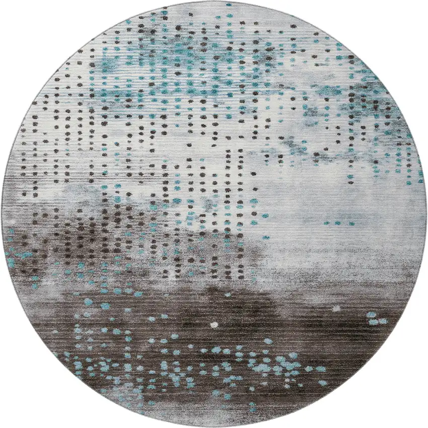 8' Teal And Chocolate Geometric Washable Round Rug With UV Protection Photo 4