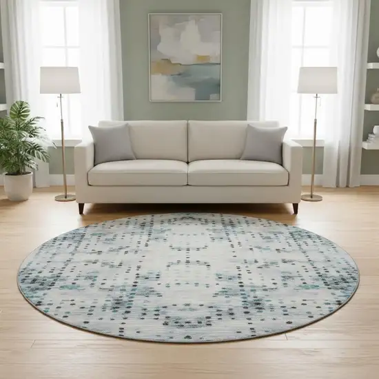 8' Teal And Chocolate Geometric Washable Round Rug With UV Protection Photo 2