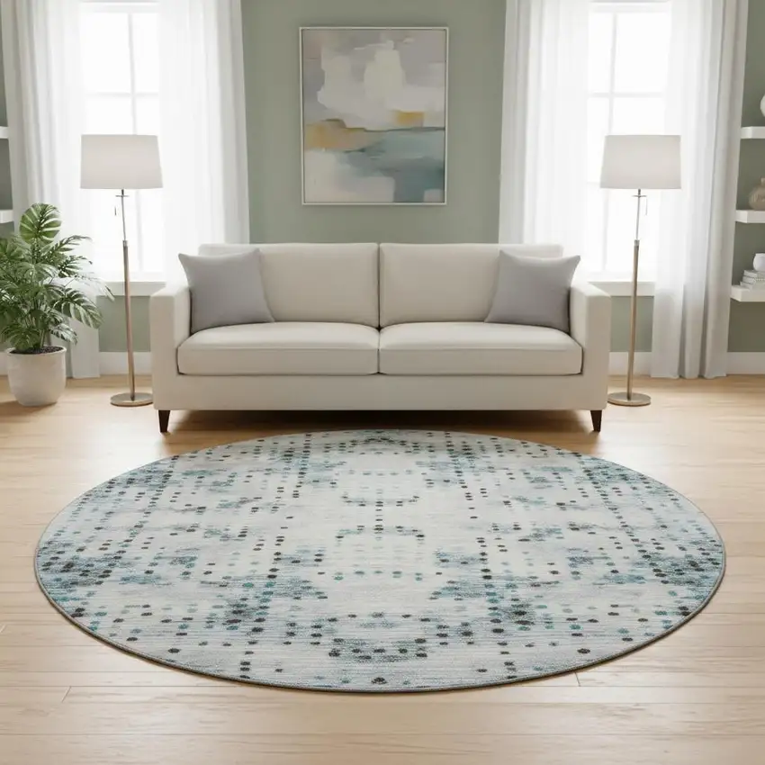 8' Teal And Chocolate Geometric Washable Round Rug With UV Protection Photo 2