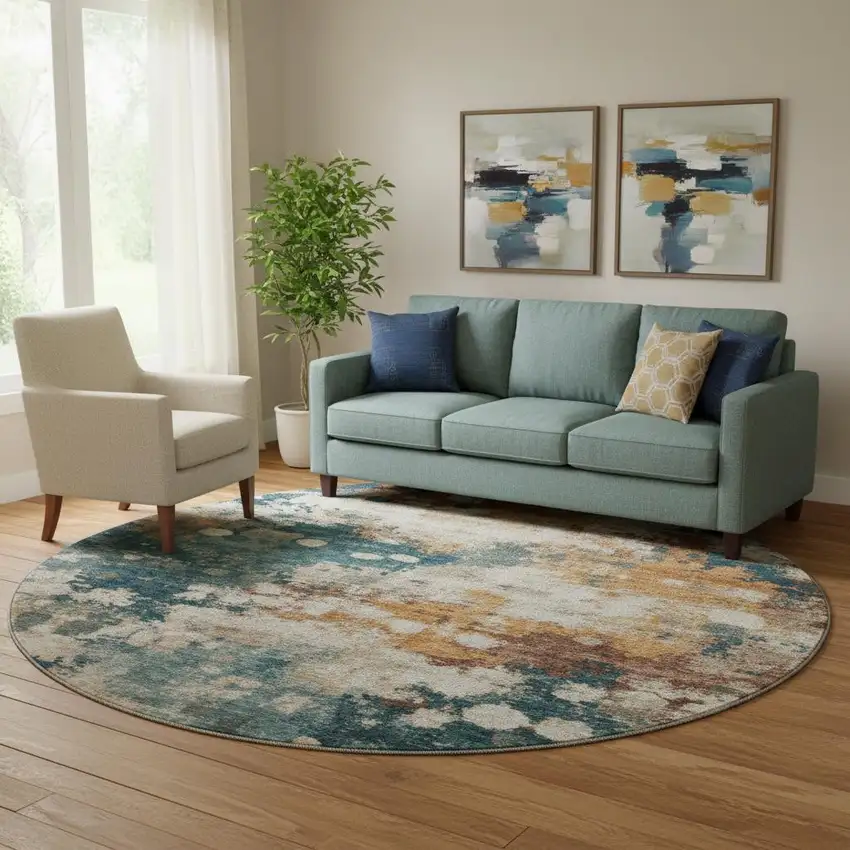 8' Teal And Copper Abstract Washable Round Rug With UV Protection Photo 2