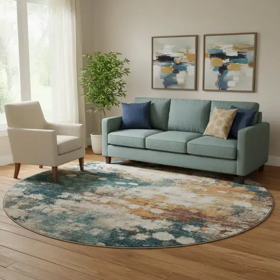 8' Teal And Copper Abstract Washable Round Rug With UV Protection Photo 2