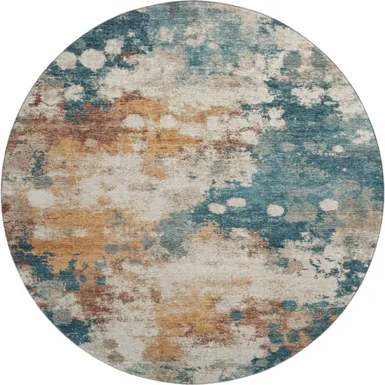 8' Teal And Copper Abstract Washable Round Rug With UV Protection Photo 1