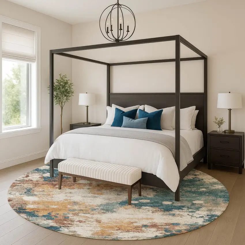 8' Teal And Copper Abstract Washable Round Rug With UV Protection Photo 4